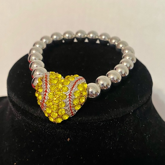 Silver Ball Bracelet w/Yellow Heart Shape Baseball ⚾️💛 - Picture 1 of 4